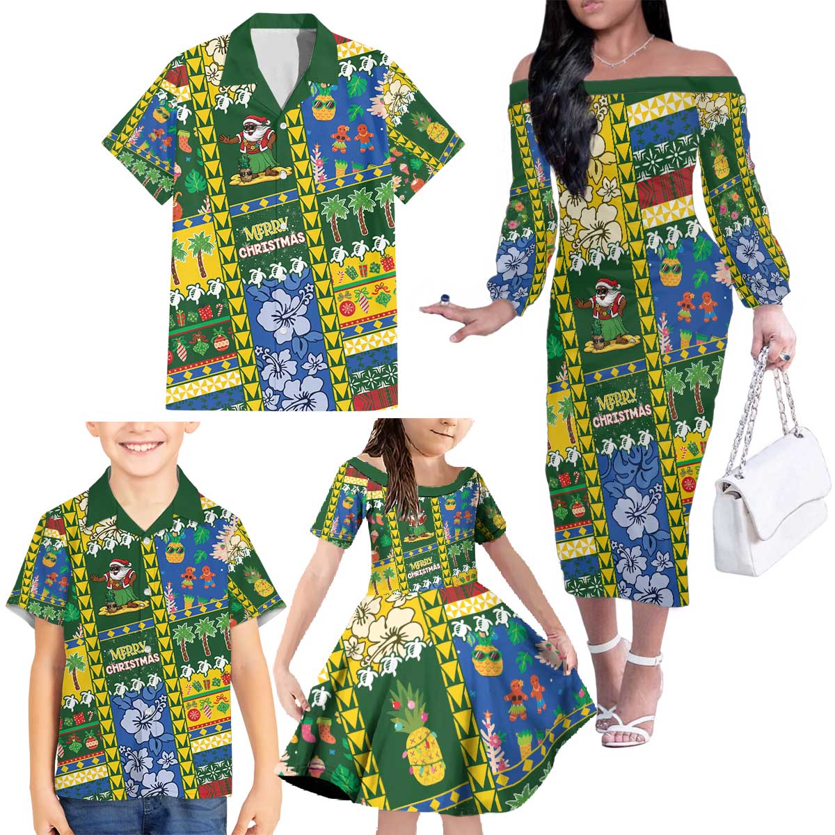 Solomon Islands Christmas Family Matching Off The Shoulder Long Sleeve Dress and Hawaiian Shirt Festive Beach Vibes - Polynesian Pride