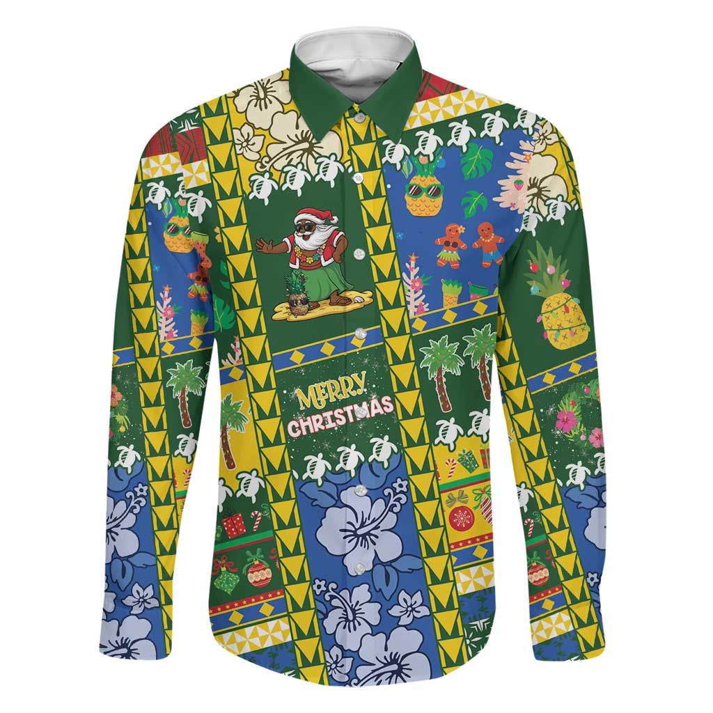 Solomon Islands Christmas Family Matching Off The Shoulder Long Sleeve Dress and Hawaiian Shirt Festive Beach Vibes LT05 Dad's Shirt - Long Sleeve Green - Polynesian Pride