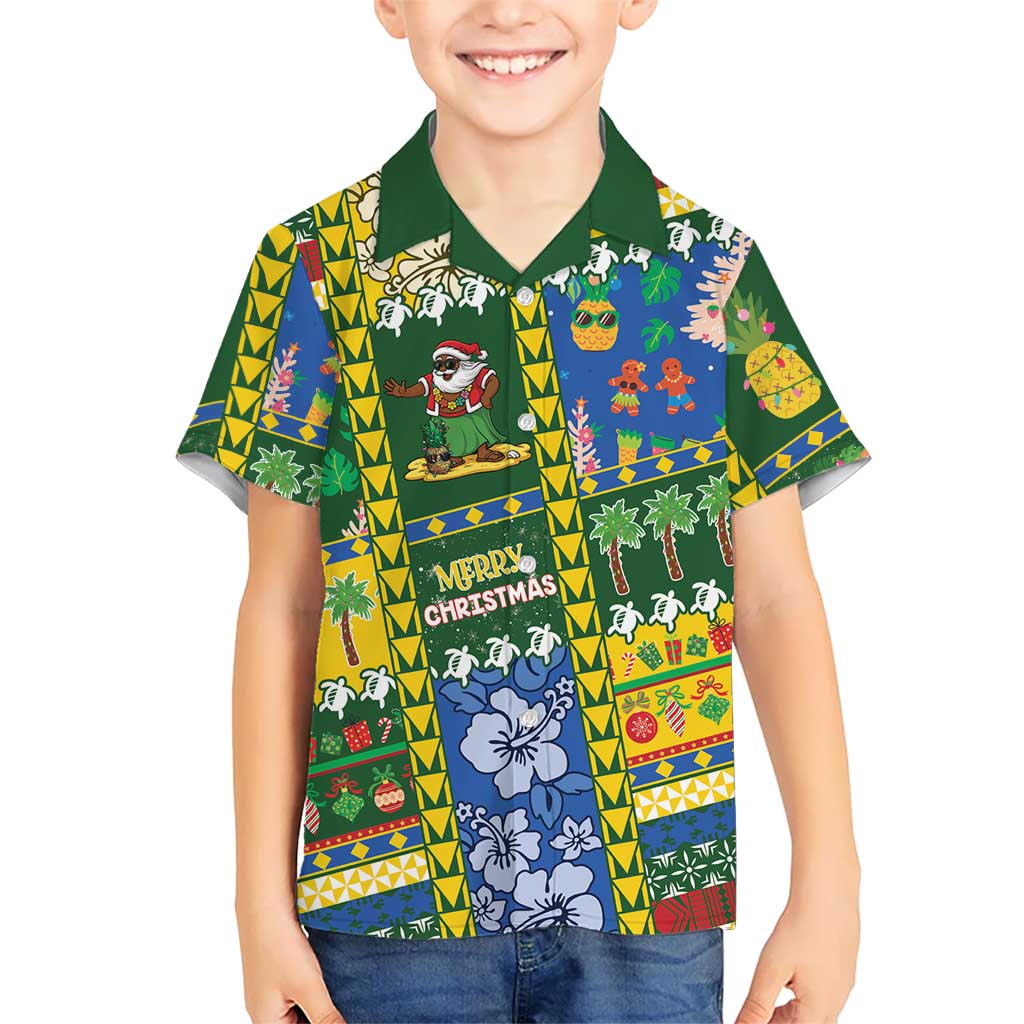 Solomon Islands Christmas Family Matching Off The Shoulder Long Sleeve Dress and Hawaiian Shirt Festive Beach Vibes LT05 Son's Shirt Green - Polynesian Pride