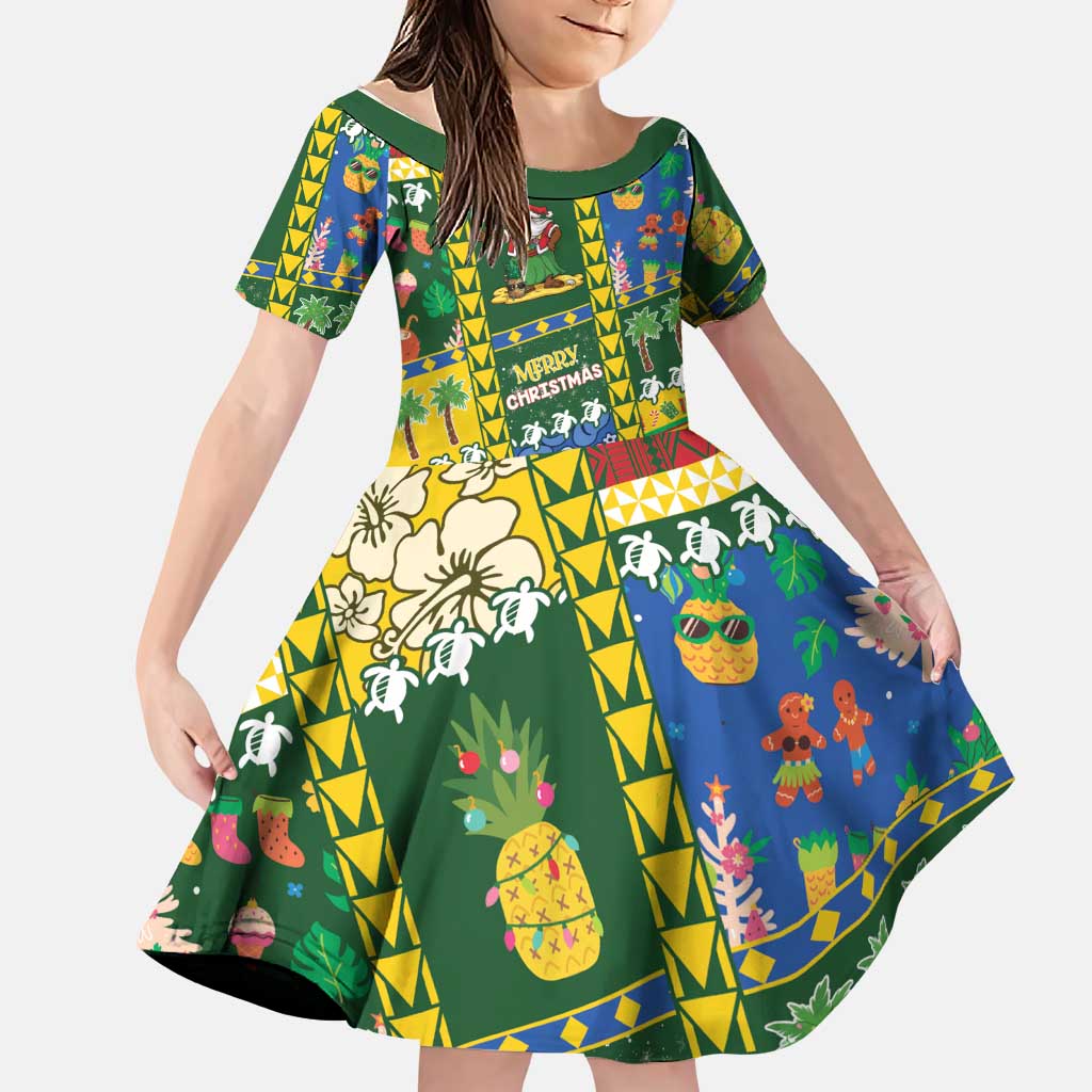 Solomon Islands Christmas Family Matching Off Shoulder Maxi Dress and Hawaiian Shirt Festive Beach Vibes LT05 Daughter's Dress Green - Polynesian Pride