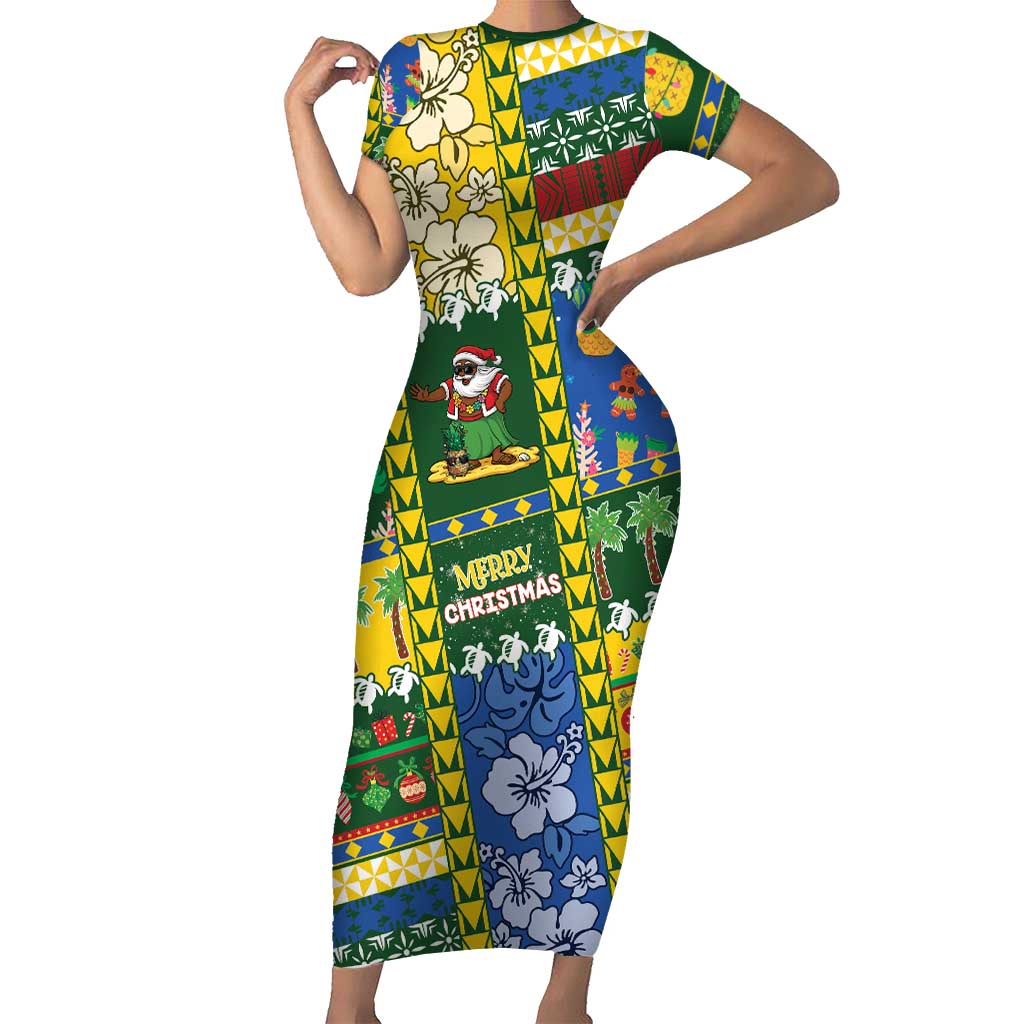 Solomon Islands Christmas Family Matching Short Sleeve Bodycon Dress and Hawaiian Shirt Festive Beach Vibes LT05 Mom's Dress Green - Polynesian Pride