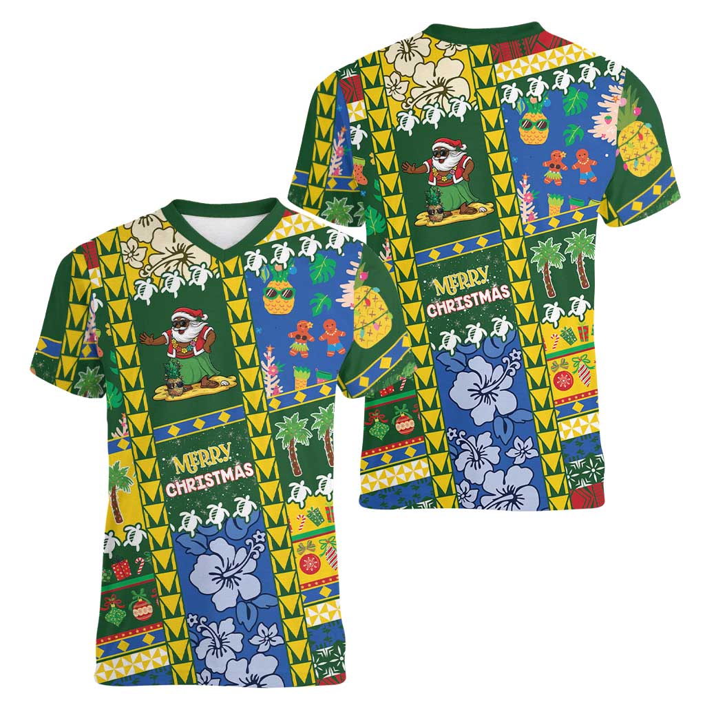 Solomon Islands Christmas Women V-Neck T-Shirt Festive Beach Vibes - Polynesian Pride