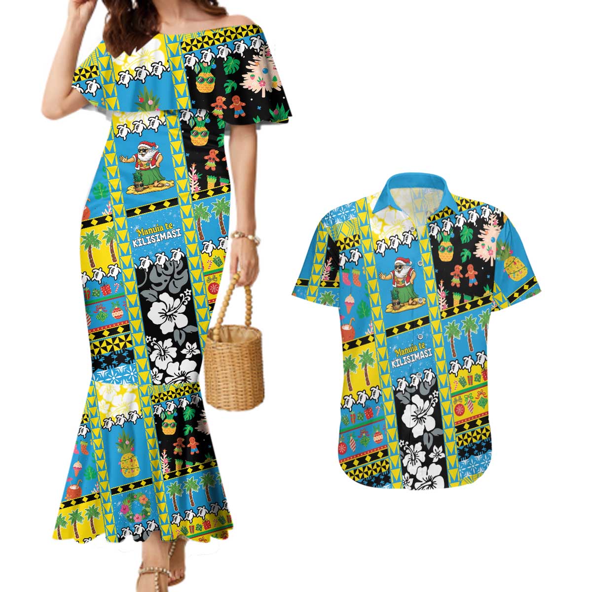 Tuvalu Christmas Couples Matching Mermaid Dress and Hawaiian Shirt Festive Beach Vibes - Polynesian Pride
