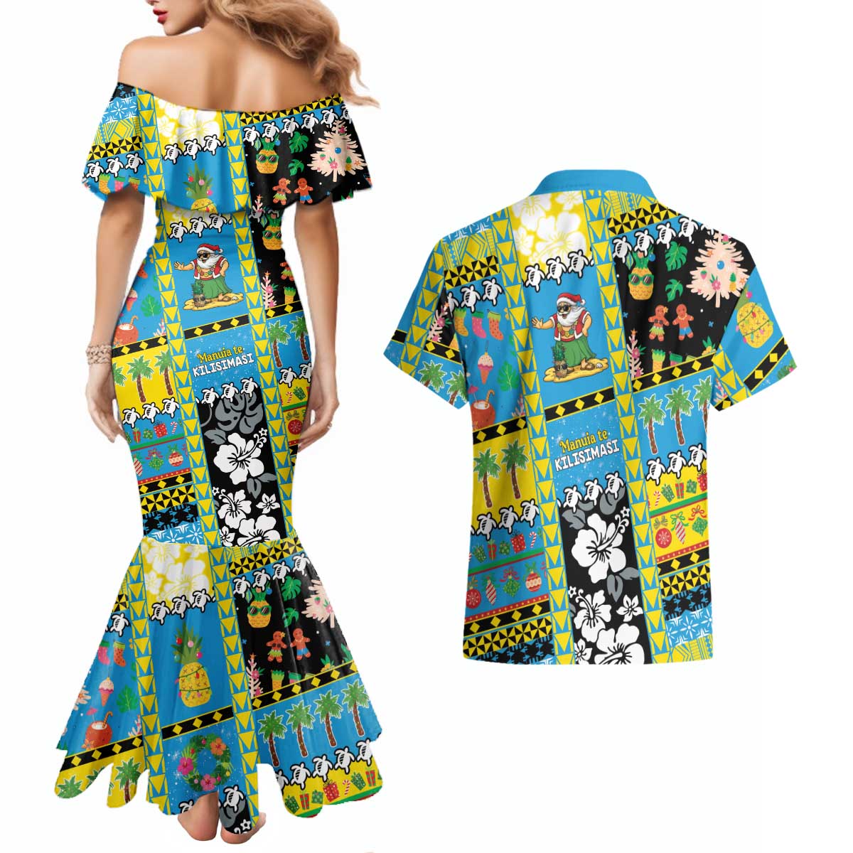 Tuvalu Christmas Couples Matching Mermaid Dress and Hawaiian Shirt Festive Beach Vibes - Polynesian Pride