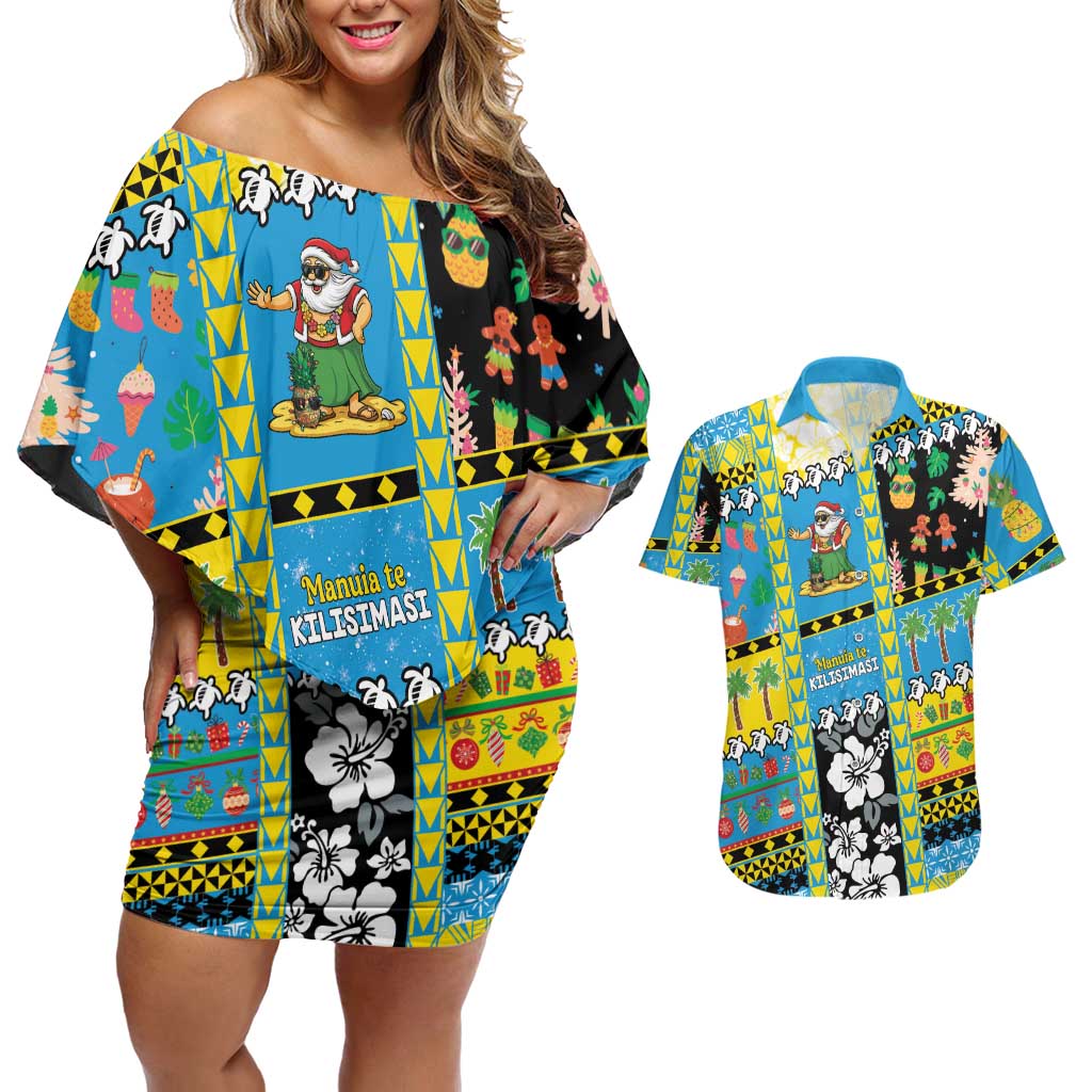 Tuvalu Christmas Couples Matching Off Shoulder Short Dress and Hawaiian Shirt Festive Beach Vibes - Polynesian Pride