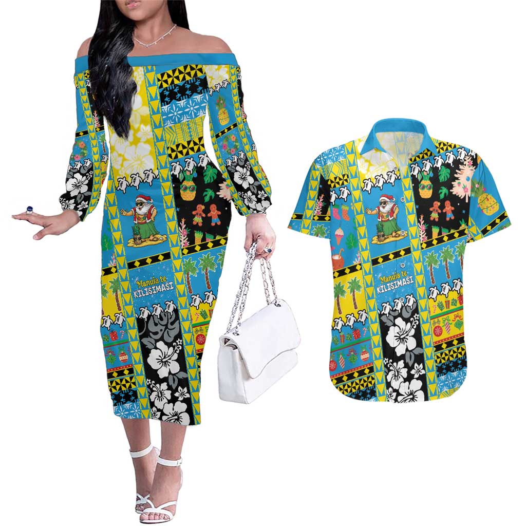 Tuvalu Christmas Couples Matching Off The Shoulder Long Sleeve Dress and Hawaiian Shirt Festive Beach Vibes - Polynesian Pride