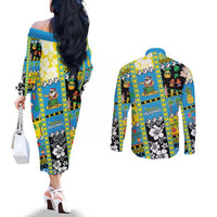 Tuvalu Christmas Couples Matching Off The Shoulder Long Sleeve Dress and Long Sleeve Button Shirt Festive Beach Vibes - Polynesian Pride
