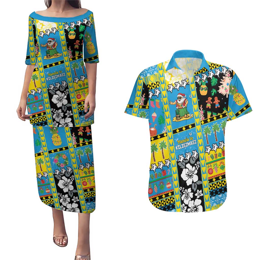 Tuvalu Christmas Couples Matching Puletasi and Hawaiian Shirt Festive Beach Vibes - Polynesian Pride