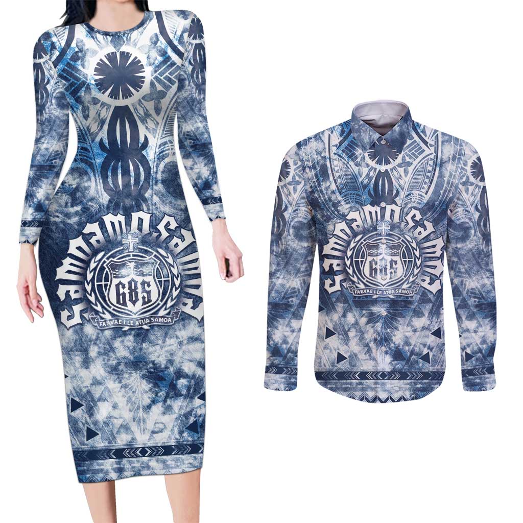 Samoa 685 Couples Matching Long Sleeve Bodycon Dress and Long Sleeve Button Shirt Polynesian Pattern Tie Dye Style
