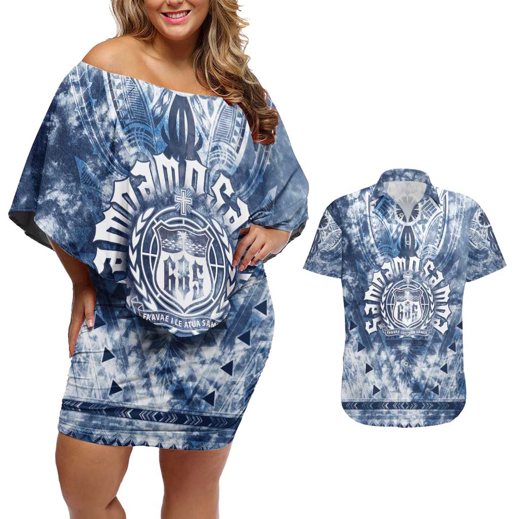 Samoa 685 Couples Matching Off Shoulder Short Dress and Hawaiian Shirt Polynesian Pattern Tie Dye Style