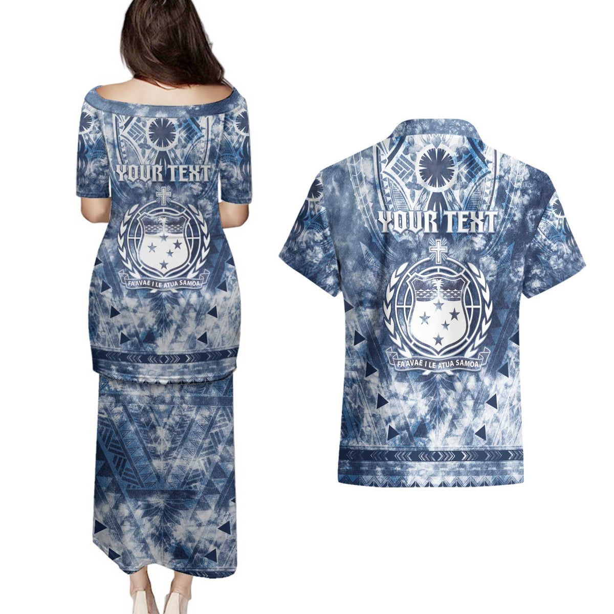 Samoa 685 Couples Matching Puletasi and Hawaiian Shirt Polynesian Pattern Tie Dye Style