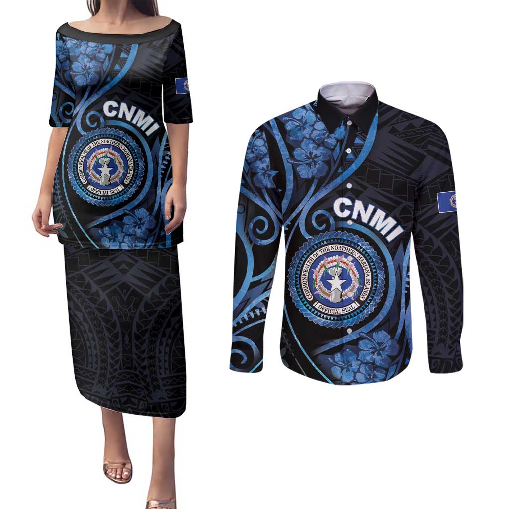 Personalized Northern Mariana Islands Couples Matching Puletasi and Long Sleeve Button Shirt Ocean Floral Pattern