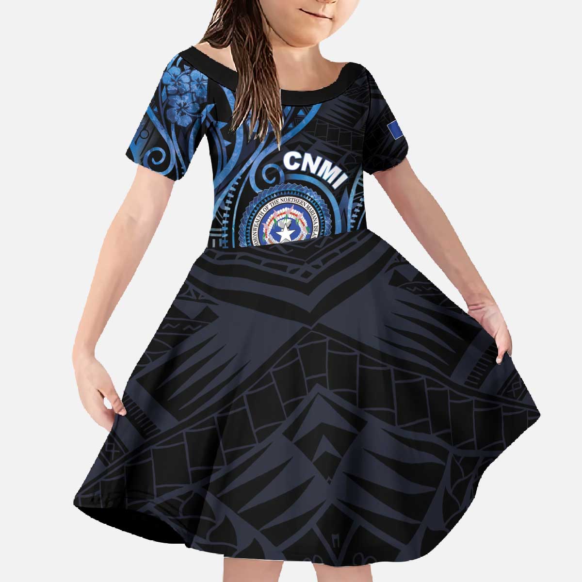 Personalized Northern Mariana Islands Family Matching Off The Shoulder Long Sleeve Dress and Hawaiian Shirt Ocean Floral Pattern
