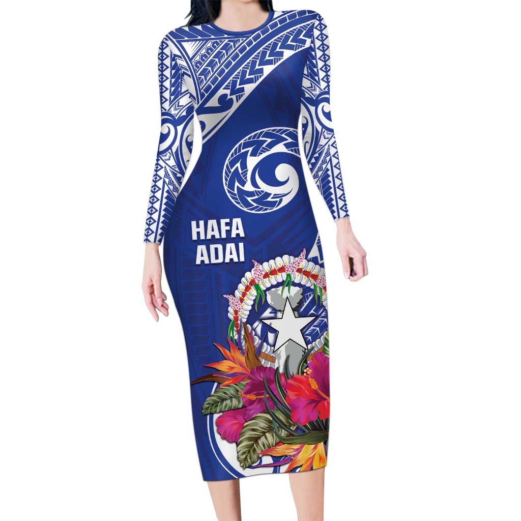 Hafa Adai Northern Mariana Islands Family Matching Long Sleeve Bodycon Dress and Hawaiian Shirt Polynesian Tribal Pattern LT05 Mom's Dress Blue - Polynesian Pride