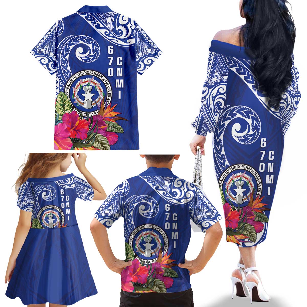 Hafa Adai Northern Mariana Islands Family Matching Off The Shoulder Long Sleeve Dress and Hawaiian Shirt Polynesian Tribal Pattern LT05 - Polynesian Pride