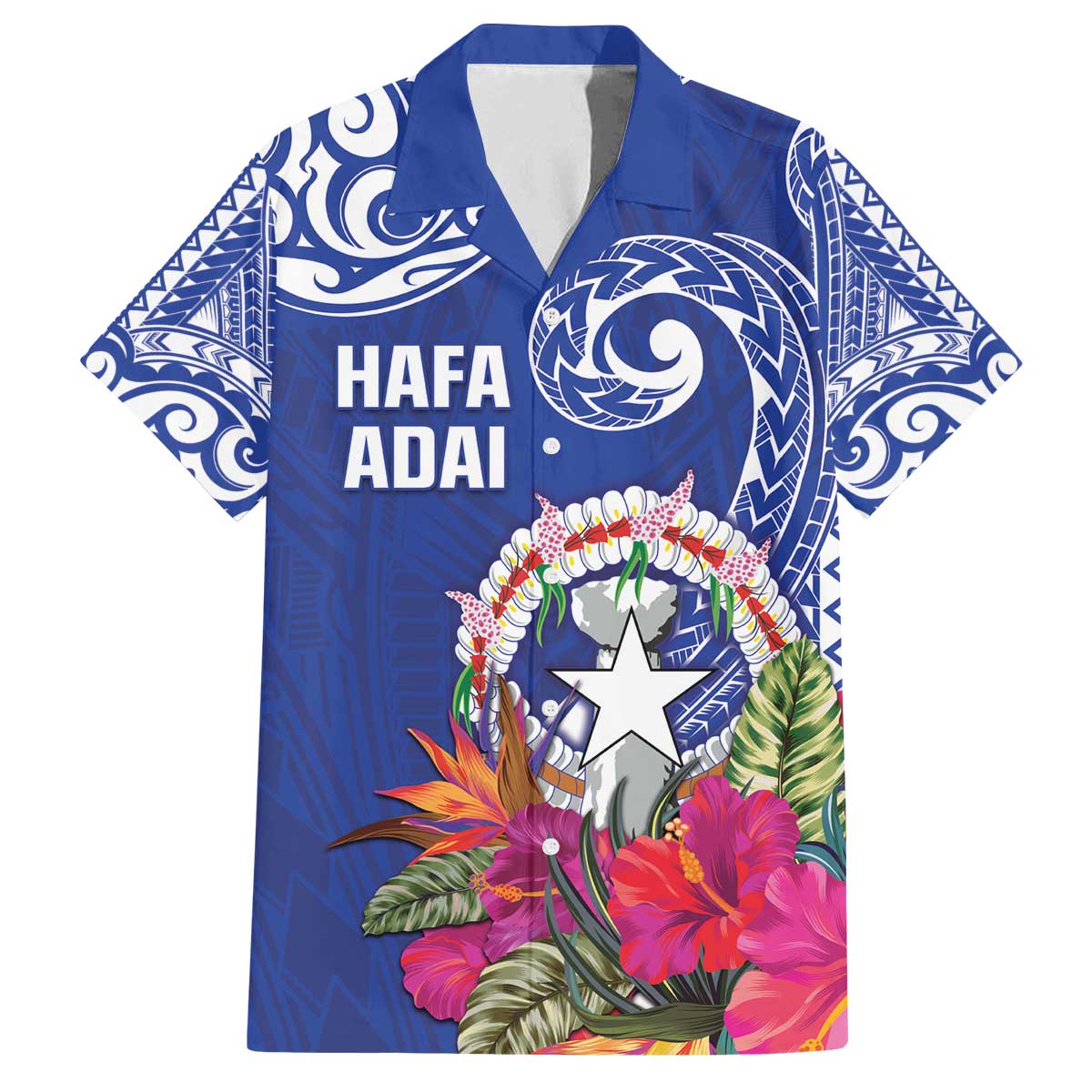 Hafa Adai Northern Mariana Islands Family Matching Off The Shoulder Long Sleeve Dress and Hawaiian Shirt Polynesian Tribal Pattern LT05 Dad's Shirt - Short Sleeve Blue - Polynesian Pride
