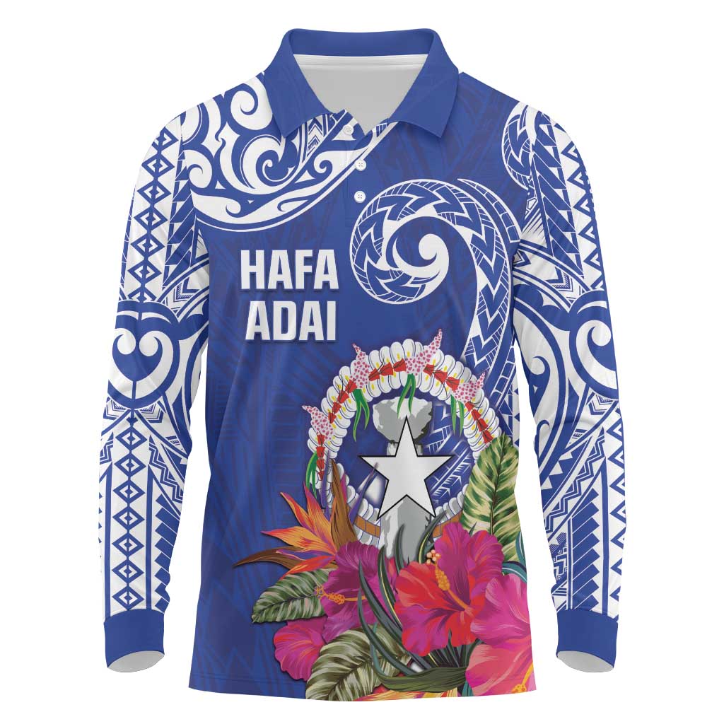 Hafa Adai Northern Mariana Islands Long Sleeve Polo Shirt Polynesian Tribal Pattern LT05 Blue - Polynesian Pride