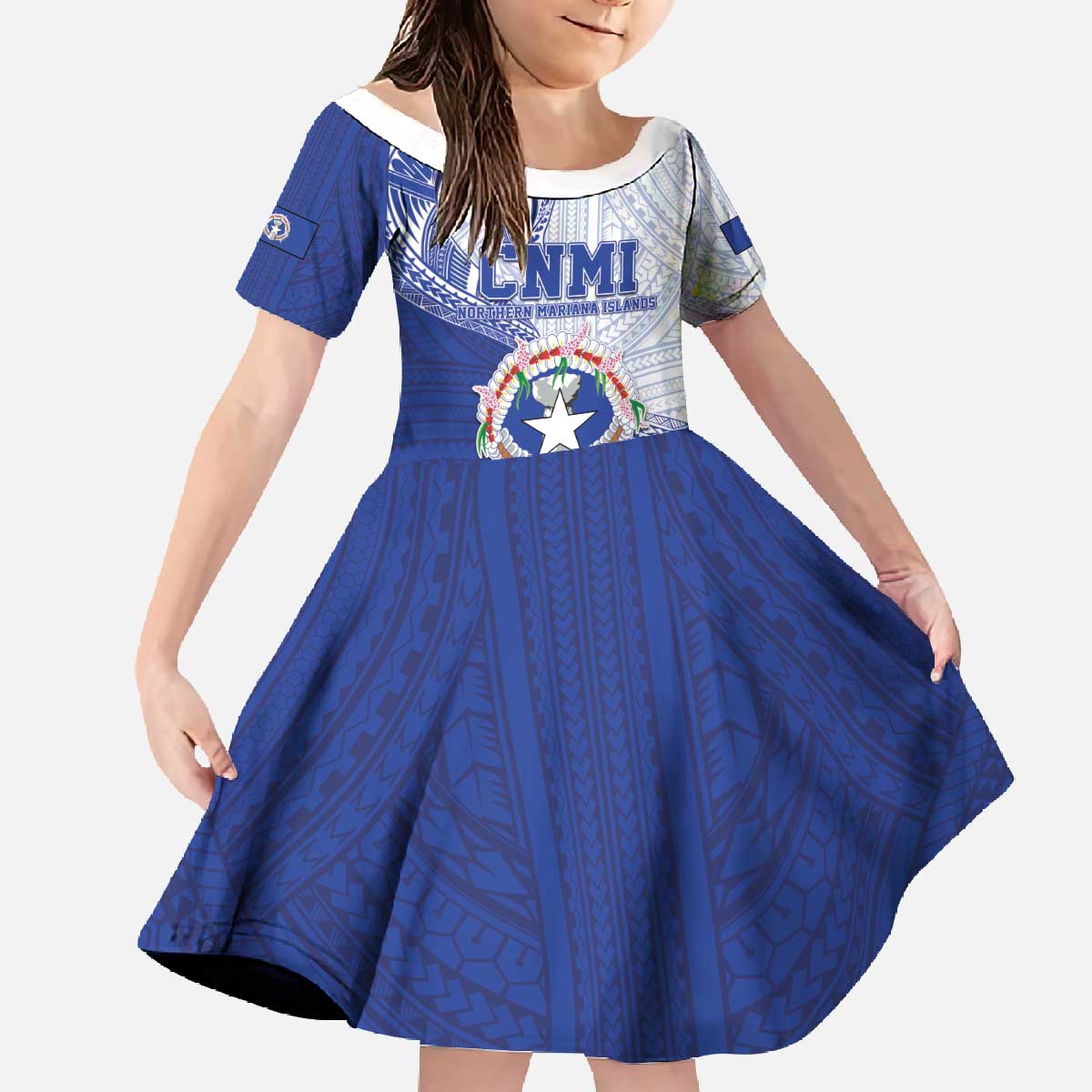 Personalized Northern Mariana Islands Family Matching Off The Shoulder Long Sleeve Dress and Hawaiian Shirt CNMI Seal LT05 Daughter's Dress Blue - Polynesian Pride
