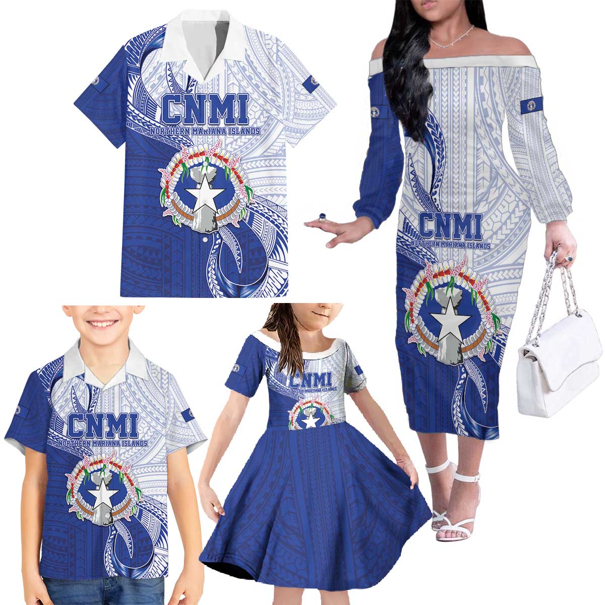 Personalized Northern Mariana Islands Family Matching Off The Shoulder Long Sleeve Dress and Hawaiian Shirt CNMI Seal LT05 - Polynesian Pride