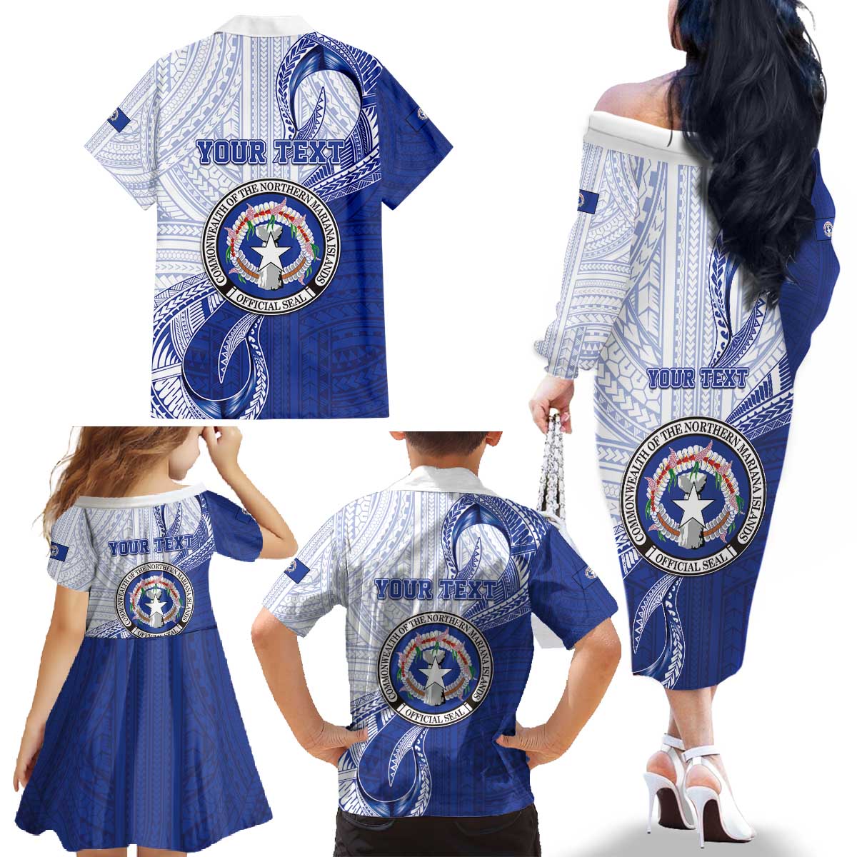 Personalized Northern Mariana Islands Family Matching Off The Shoulder Long Sleeve Dress and Hawaiian Shirt CNMI Seal LT05 - Polynesian Pride