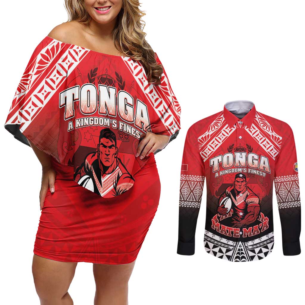 Custom Rugby Tonga MMT Couples Matching Off Shoulder Short Dress and Long Sleeve Button Shirt Mana O Tonga LT05 Red - Polynesian Pride
