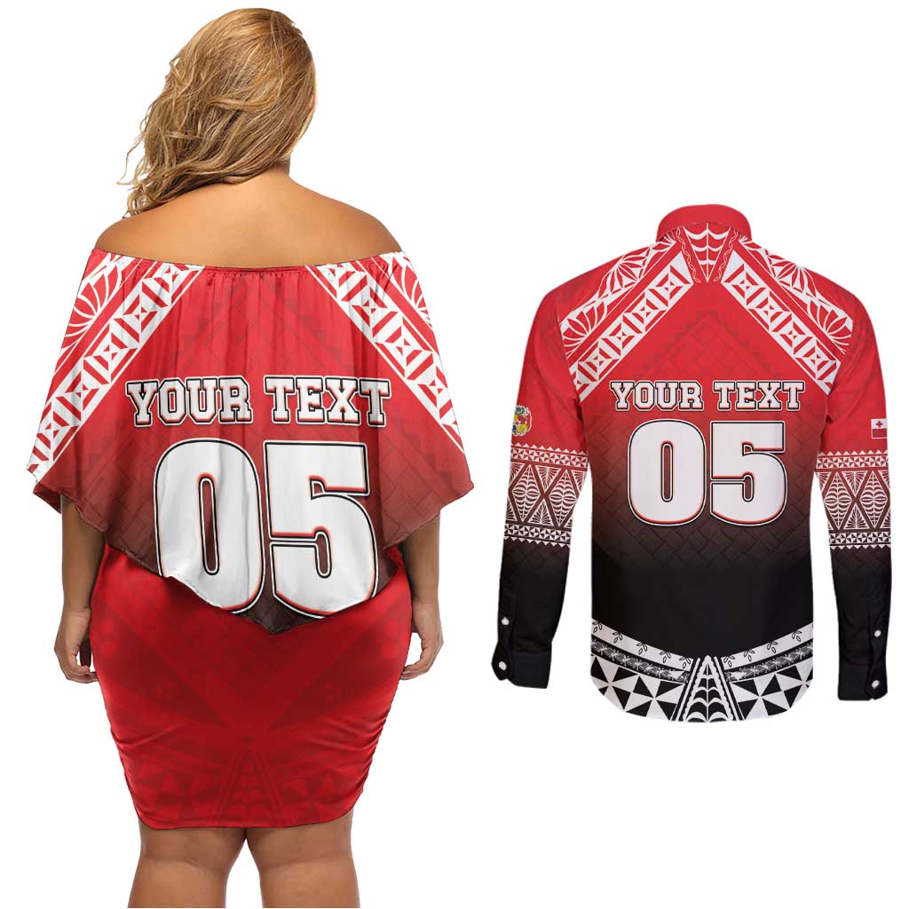 Custom Rugby Tonga MMT Couples Matching Off Shoulder Short Dress and Long Sleeve Button Shirt Mana O Tonga LT05 - Polynesian Pride
