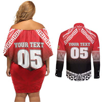 Custom Rugby Tonga MMT Couples Matching Off Shoulder Short Dress and Long Sleeve Button Shirt Mana O Tonga LT05 - Polynesian Pride