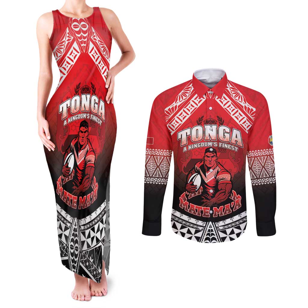 Custom Rugby Tonga MMT Couples Matching Tank Maxi Dress and Long Sleeve Button Shirt Mana O Tonga LT05 Red - Polynesian Pride