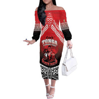 Custom Rugby Tonga MMT Family Matching Off The Shoulder Long Sleeve Dress and Hawaiian Shirt Mana O Tonga - Polynesian Pride