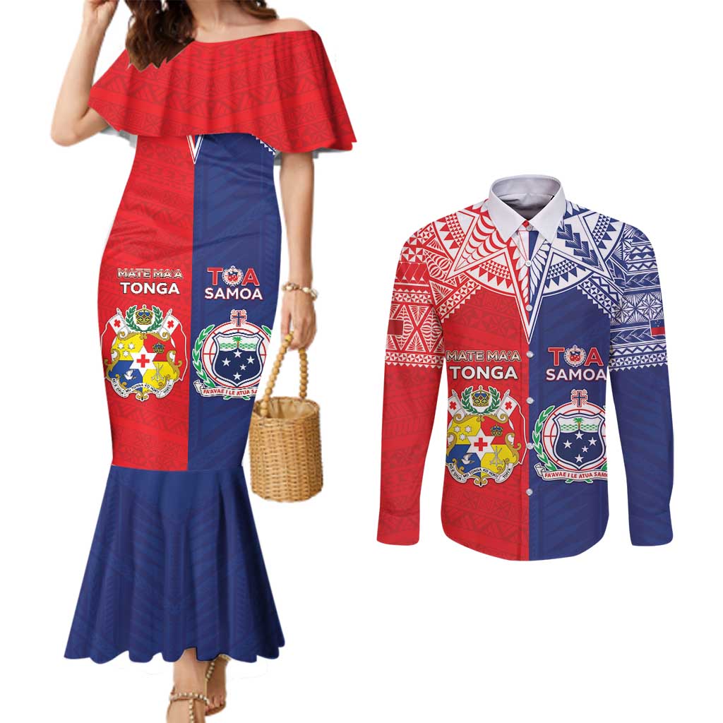 Custom Rugby Samoa And Tonga Couples Matching Mermaid Dress and Long Sleeve Button Shirt Toa Samoa With Mate Maa LT05 Multicolor - Polynesian Pride