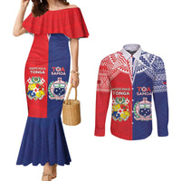 Custom Rugby Samoa And Tonga Couples Matching Mermaid Dress and Long Sleeve Button Shirt Toa Samoa With Mate Maa LT05 Multicolor - Polynesian Pride