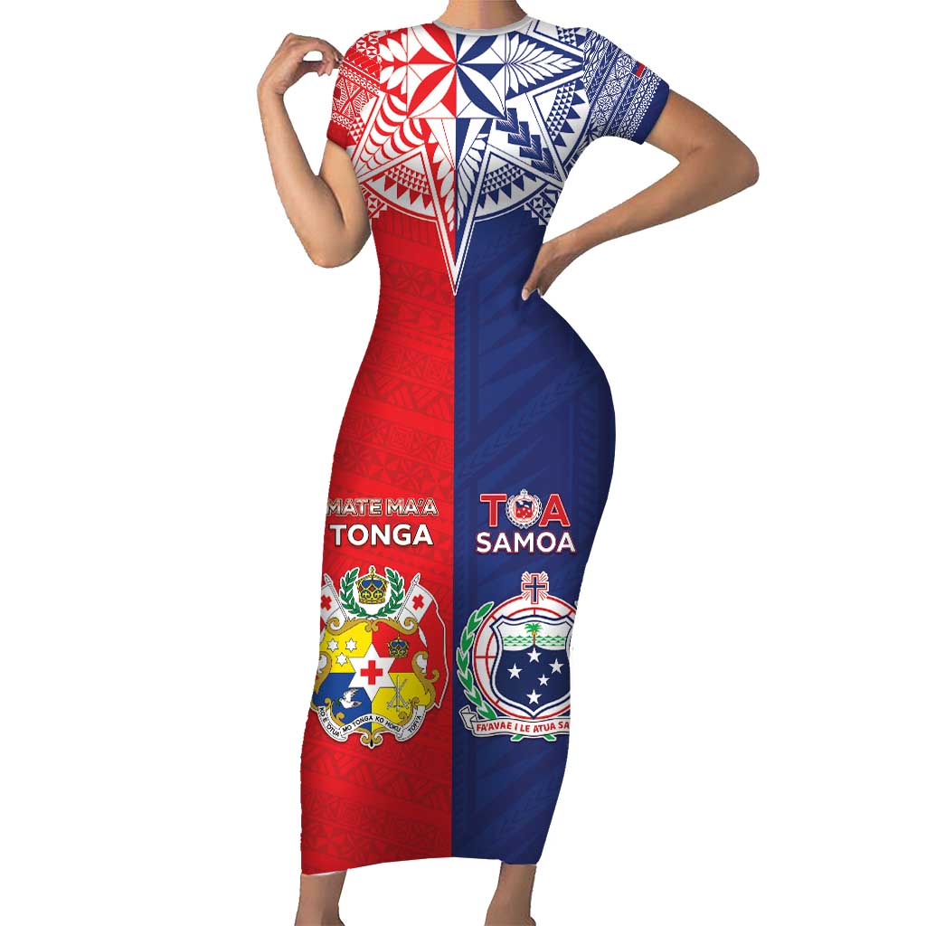 Custom Rugby Samoa And Tonga Family Matching Short Sleeve Bodycon Dress and Hawaiian Shirt Toa Samoa With Mate Maa - Polynesian Pride
