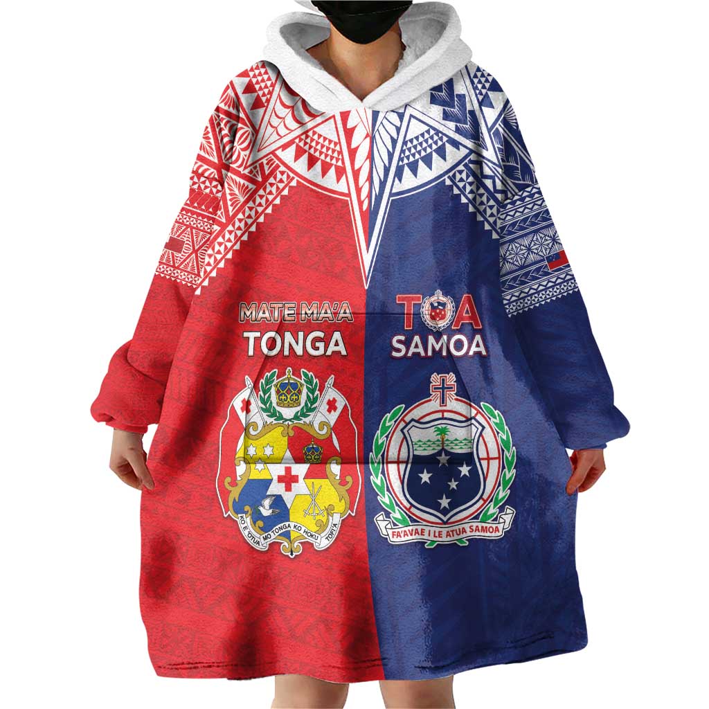 Custom Rugby Samoa And Tonga Wearable Blanket Hoodie Toa Samoa With Mate Maa LT05 - Polynesian Pride