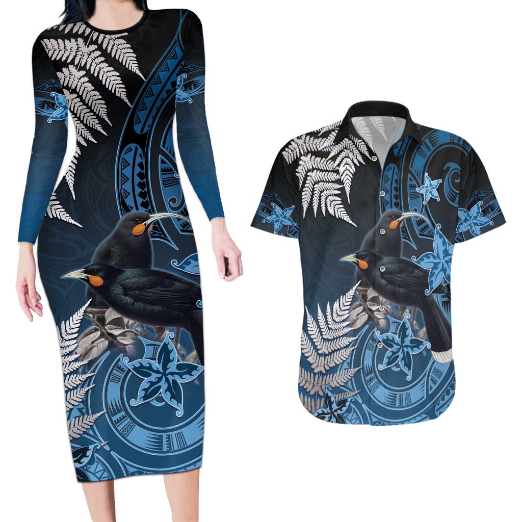 New Zealand Huia Bird Couples Matching Long Sleeve Bodycon Dress and Hawaiian Shirt Aotearoa Maori Pattern LT05 Navy - Polynesian Pride