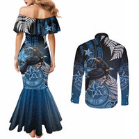 New Zealand Huia Bird Couples Matching Mermaid Dress and Long Sleeve Button Shirt Aotearoa Maori Pattern LT05 - Polynesian Pride