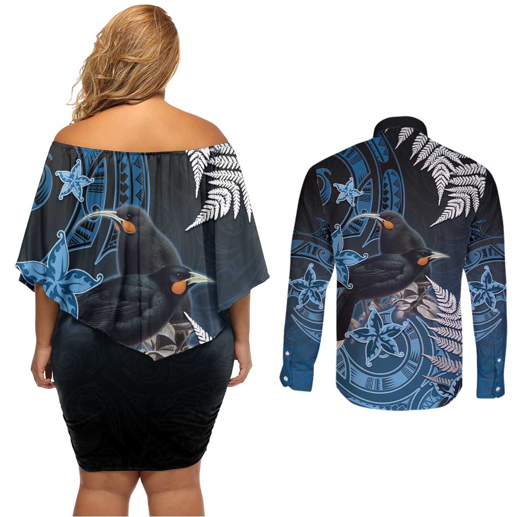 New Zealand Huia Bird Couples Matching Off Shoulder Short Dress and Long Sleeve Button Shirt Aotearoa Maori Pattern