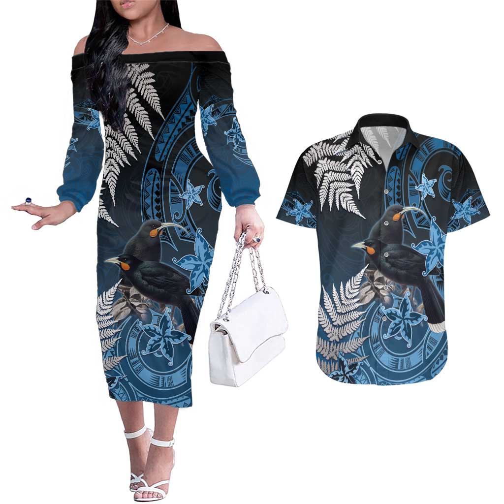 New Zealand Huia Bird Couples Matching Off The Shoulder Long Sleeve Dress and Hawaiian Shirt Aotearoa Maori Pattern LT05 Navy - Polynesian Pride