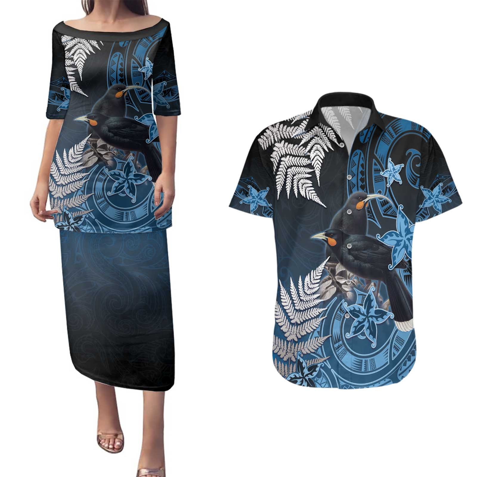New Zealand Huia Bird Couples Matching Puletasi and Hawaiian Shirt Aotearoa Maori Pattern LT05 Navy - Polynesian Pride
