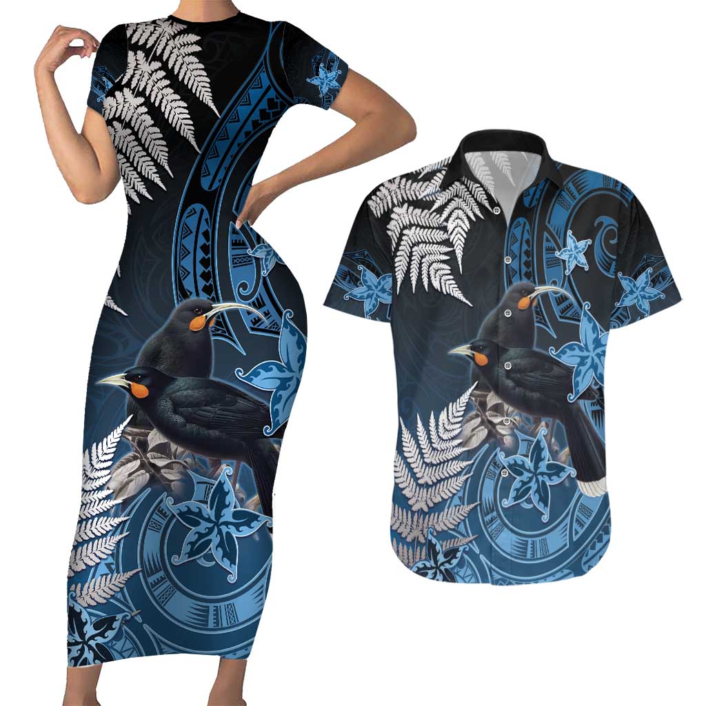 New Zealand Huia Bird Couples Matching Short Sleeve Bodycon Dress and Hawaiian Shirt Aotearoa Maori Pattern LT05 Navy - Polynesian Pride