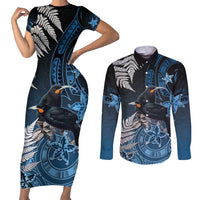 New Zealand Huia Bird Couples Matching Short Sleeve Bodycon Dress and Long Sleeve Button Shirt Aotearoa Maori Pattern