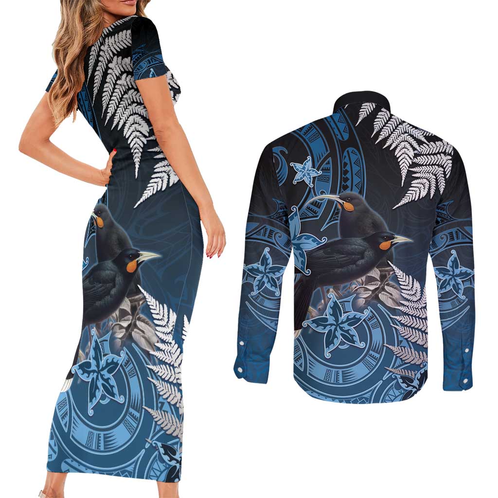 New Zealand Huia Bird Couples Matching Short Sleeve Bodycon Dress and Long Sleeve Button Shirt Aotearoa Maori Pattern