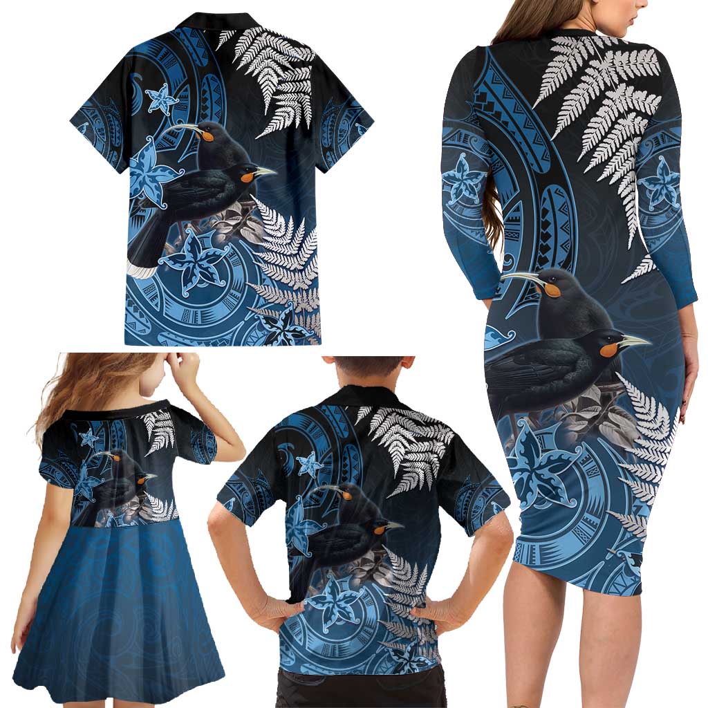 New Zealand Huia Bird Family Matching Long Sleeve Bodycon Dress and Hawaiian Shirt Aotearoa Maori Pattern LT05 - Polynesian Pride