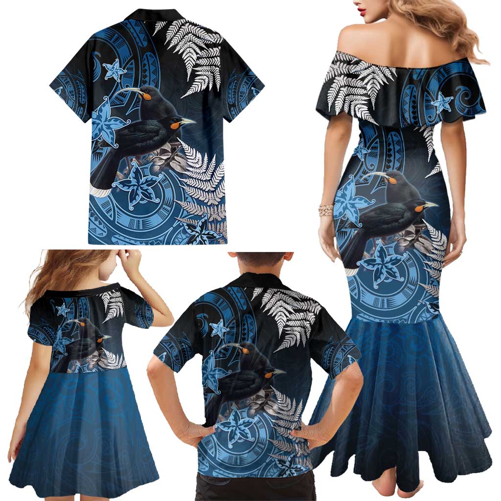New Zealand Huia Bird Family Matching Mermaid Dress and Hawaiian Shirt Aotearoa Maori Pattern LT05 - Polynesian Pride