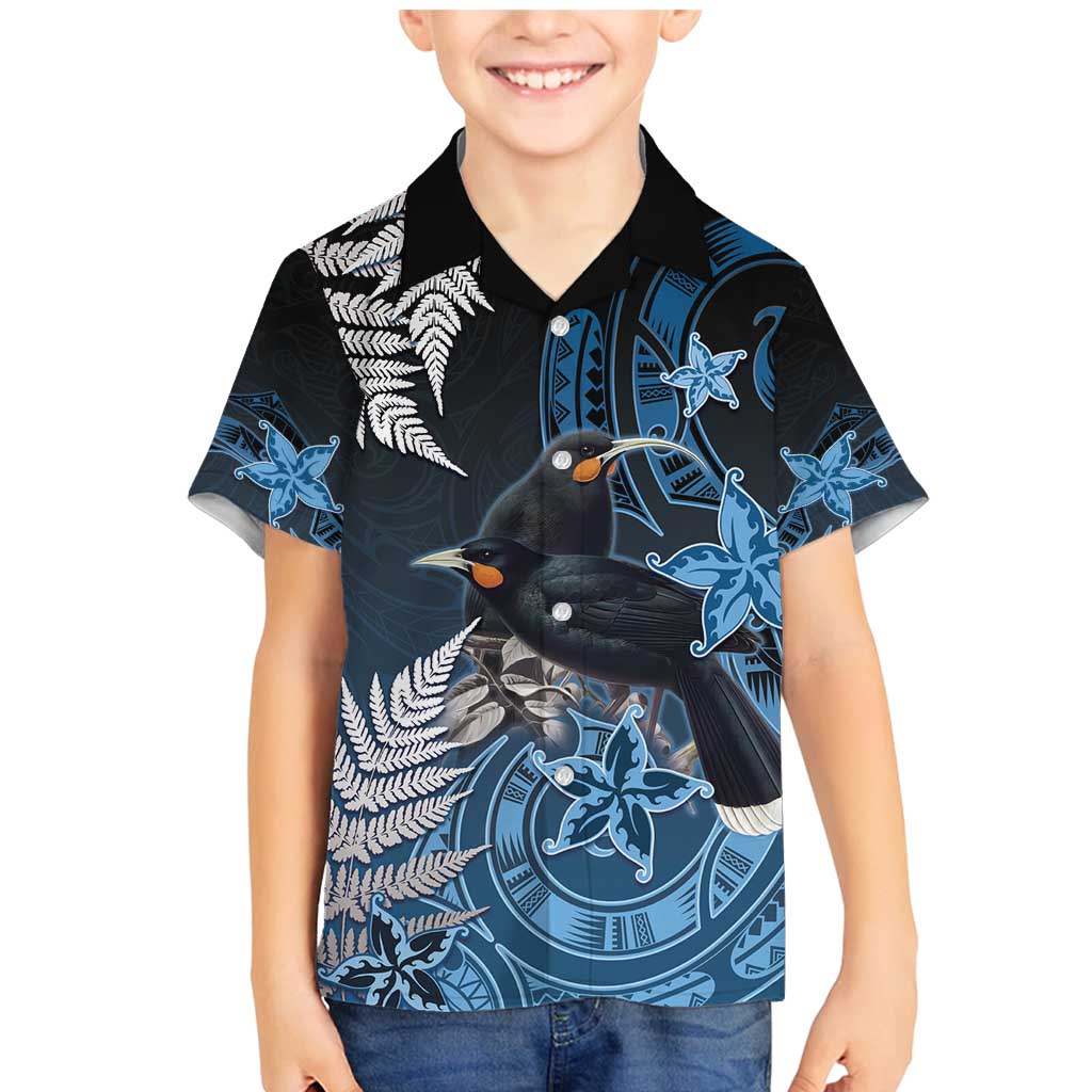 New Zealand Huia Bird Family Matching Mermaid Dress and Hawaiian Shirt Aotearoa Maori Pattern LT05 Son's Shirt Navy - Polynesian Pride