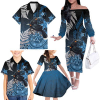 New Zealand Huia Bird Family Matching Off The Shoulder Long Sleeve Dress and Hawaiian Shirt Aotearoa Maori Pattern LT05 - Polynesian Pride