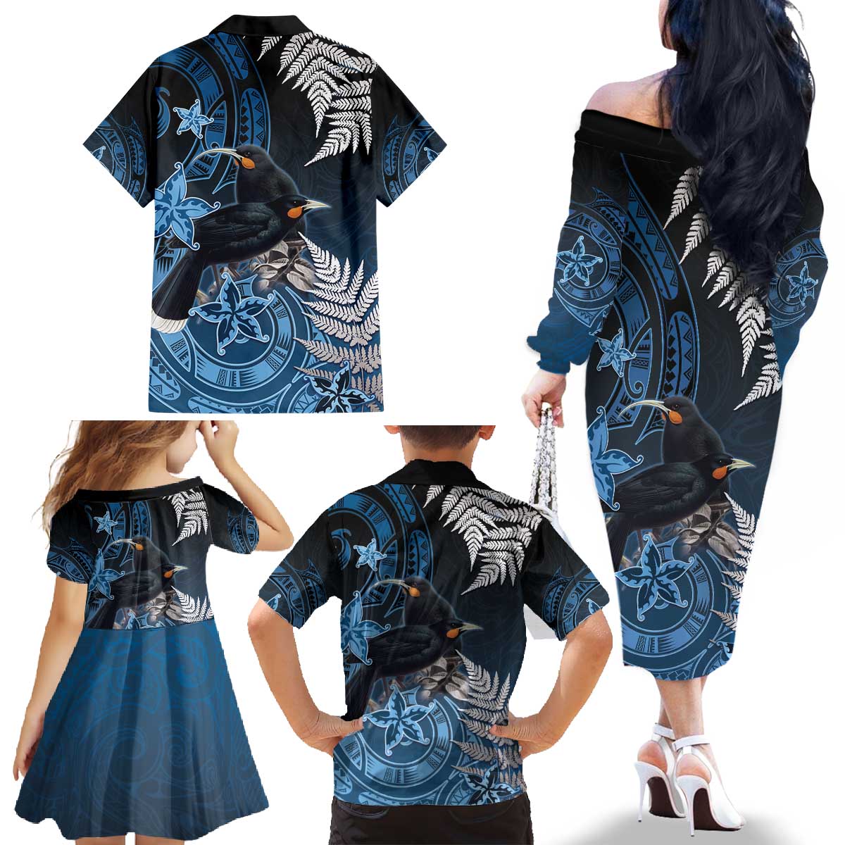 New Zealand Huia Bird Family Matching Off The Shoulder Long Sleeve Dress and Hawaiian Shirt Aotearoa Maori Pattern LT05 - Polynesian Pride