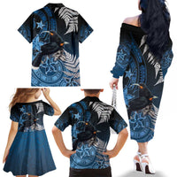 New Zealand Huia Bird Family Matching Off The Shoulder Long Sleeve Dress and Hawaiian Shirt Aotearoa Maori Pattern LT05 - Polynesian Pride