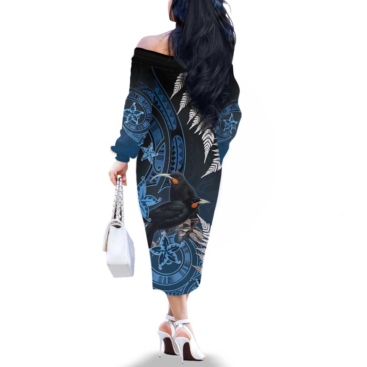 New Zealand Huia Bird Family Matching Off The Shoulder Long Sleeve Dress and Hawaiian Shirt Aotearoa Maori Pattern LT05 - Polynesian Pride