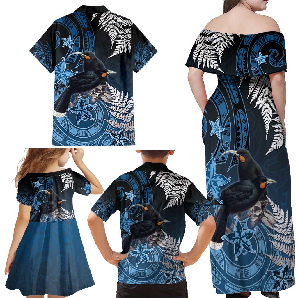 New Zealand Huia Bird Family Matching Off Shoulder Maxi Dress and Hawaiian Shirt Aotearoa Maori Pattern LT05 - Polynesian Pride