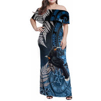 New Zealand Huia Bird Family Matching Off Shoulder Maxi Dress and Hawaiian Shirt Aotearoa Maori Pattern LT05 Mom's Dress Navy - Polynesian Pride